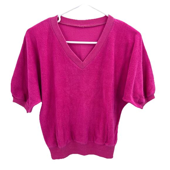 Vintage 70s Pink Terry Cloth V-Neck Cropped Short Sleeve Top Womens Medium - Picture 1 of 3